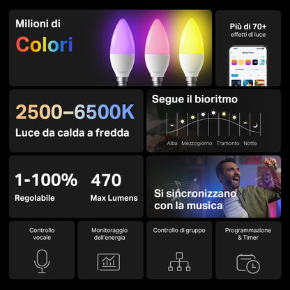 Tapo L430C Lampadina LED Smart Wi-Fi Multicolore E14, Controllo Vocale con Alexa, 4pz