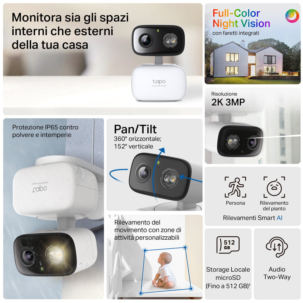 Tapo C216 Telecamera WiFi Interno/Esterno 2K 3MP, Visione a Colori, 360° PTZ