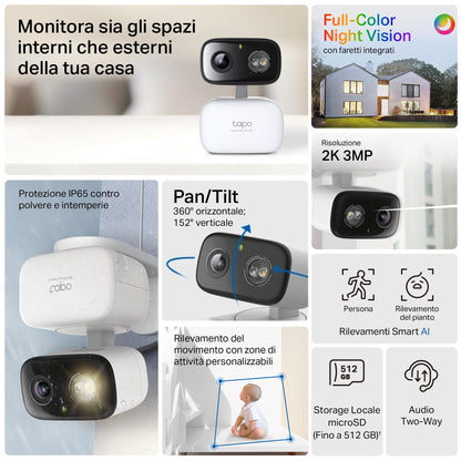 Tapo C216 Telecamera WiFi Interno/Esterno 2K 3MP, Visione a Colori, 360° PTZ