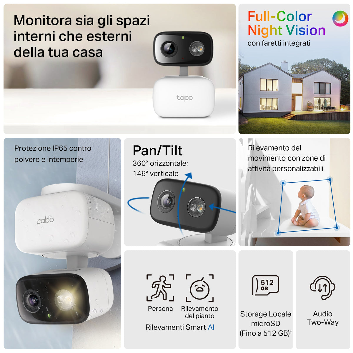 Tapo C206 Telecamera WiFi Interno/Esterno FHD, Visione a Colori, 360° PTZ