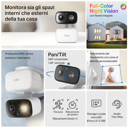 Tapo C206 Telecamera WiFi Interno/Esterno FHD, Visione a Colori, 360° PTZ
