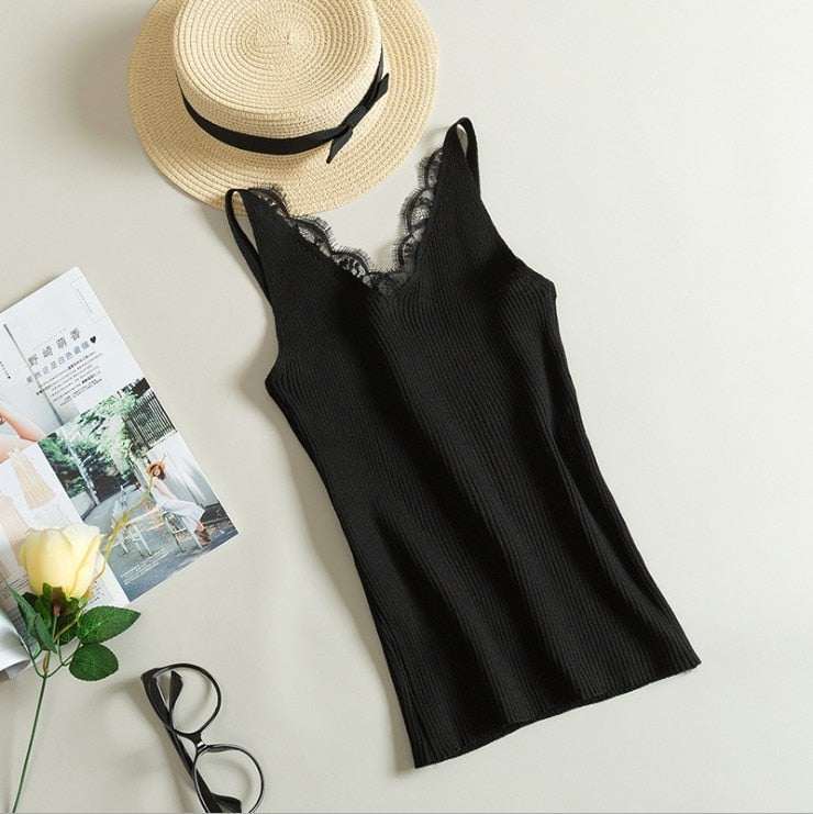 top donna in pizzo con scollo a V