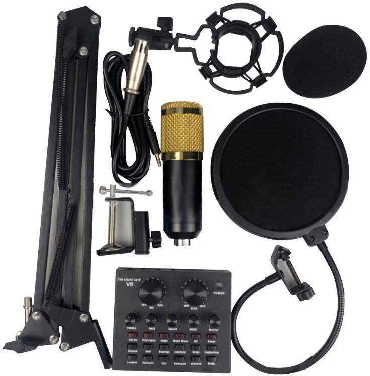 BM-800 MICROFONO CONDENSATORE PER CANTO + V8 SCHEDA AUDIO PC KARAOKE STREAMING