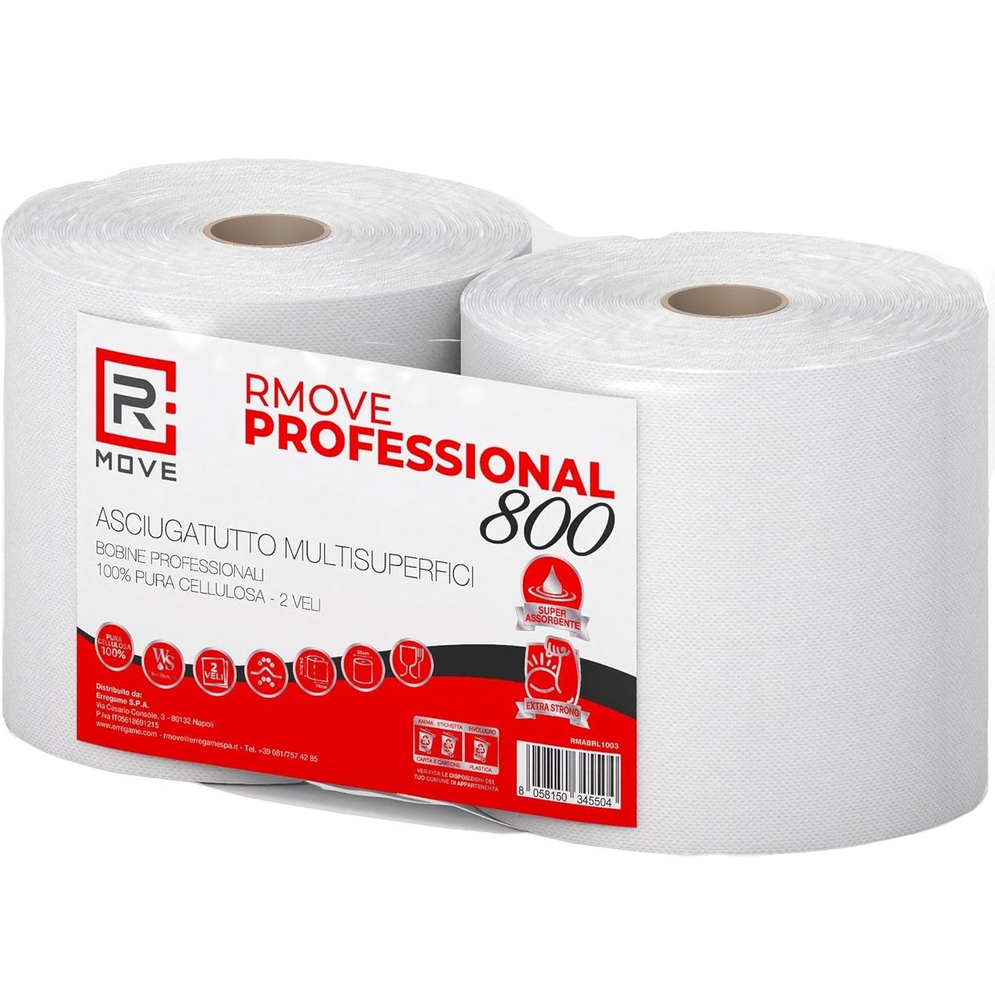 R Move 2 Rollen Haushaltspapier, Industrielle professionelle Handtuchrolle mit 800 Abrissen, langlebige, extra starke Handtuchrolle aus reiner Zellulose, saugfähige Küchenhandtücher 1600 Abrisse insgesamt