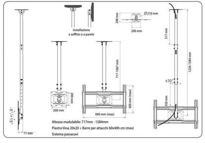 Decken-TV-Halterung, verstellbar, 32–75 Zoll, Tragkraft 40 kg