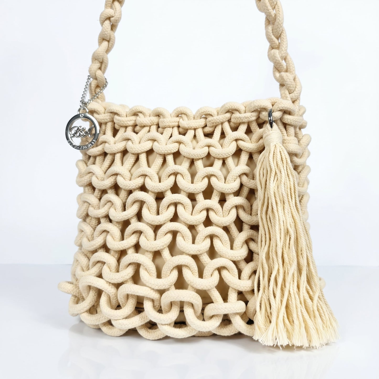 Baci & Abbracci Borsa a Spalla Grande in Corda di Cotone Intrecciata con Nappina