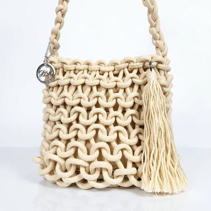Baci & Abbracci Borsa a Spalla Grande in Corda di Cotone Intrecciata con Nappina