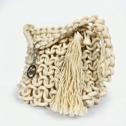 Baci & Abbracci Borsa a Spalla Grande in Corda di Cotone Intrecciata con Nappina