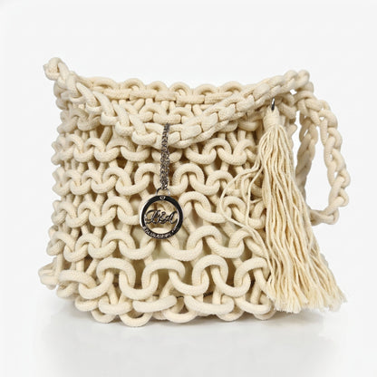 Baci & Abbracci Borsa a Spalla Grande in Corda di Cotone Intrecciata con Nappina