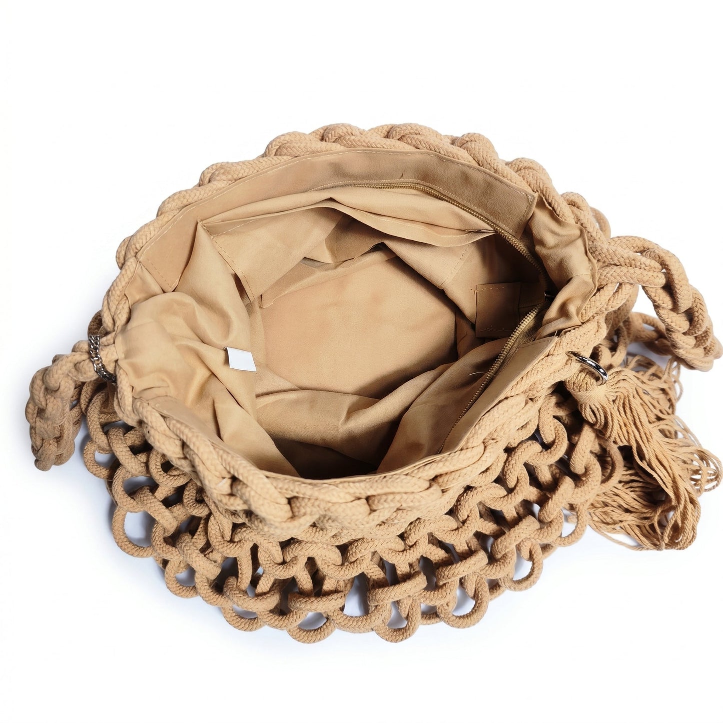 Baci & Abbracci Borsa a Spalla Grande in Corda di Cotone Intrecciata con Nappina