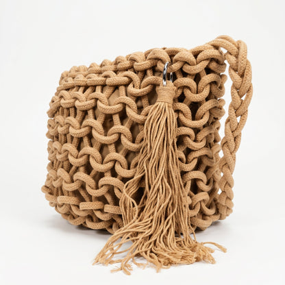 Baci & Abbracci Borsa a Spalla Grande in Corda di Cotone Intrecciata con Nappina