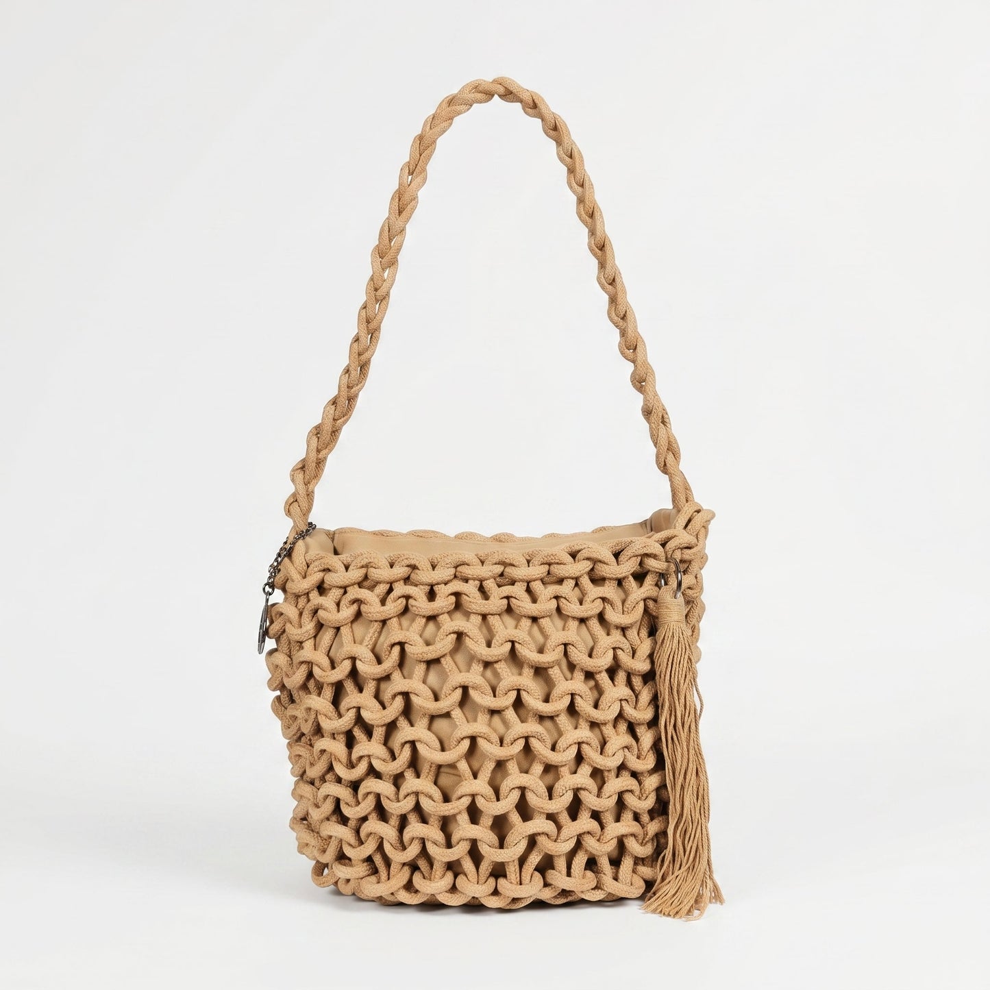 Baci & Abbracci Borsa a Spalla Grande in Corda di Cotone Intrecciata con Nappina