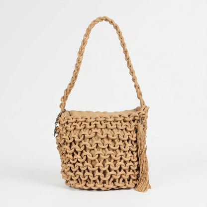 Baci & Abbracci Borsa a Spalla Grande in Corda di Cotone Intrecciata con Nappina