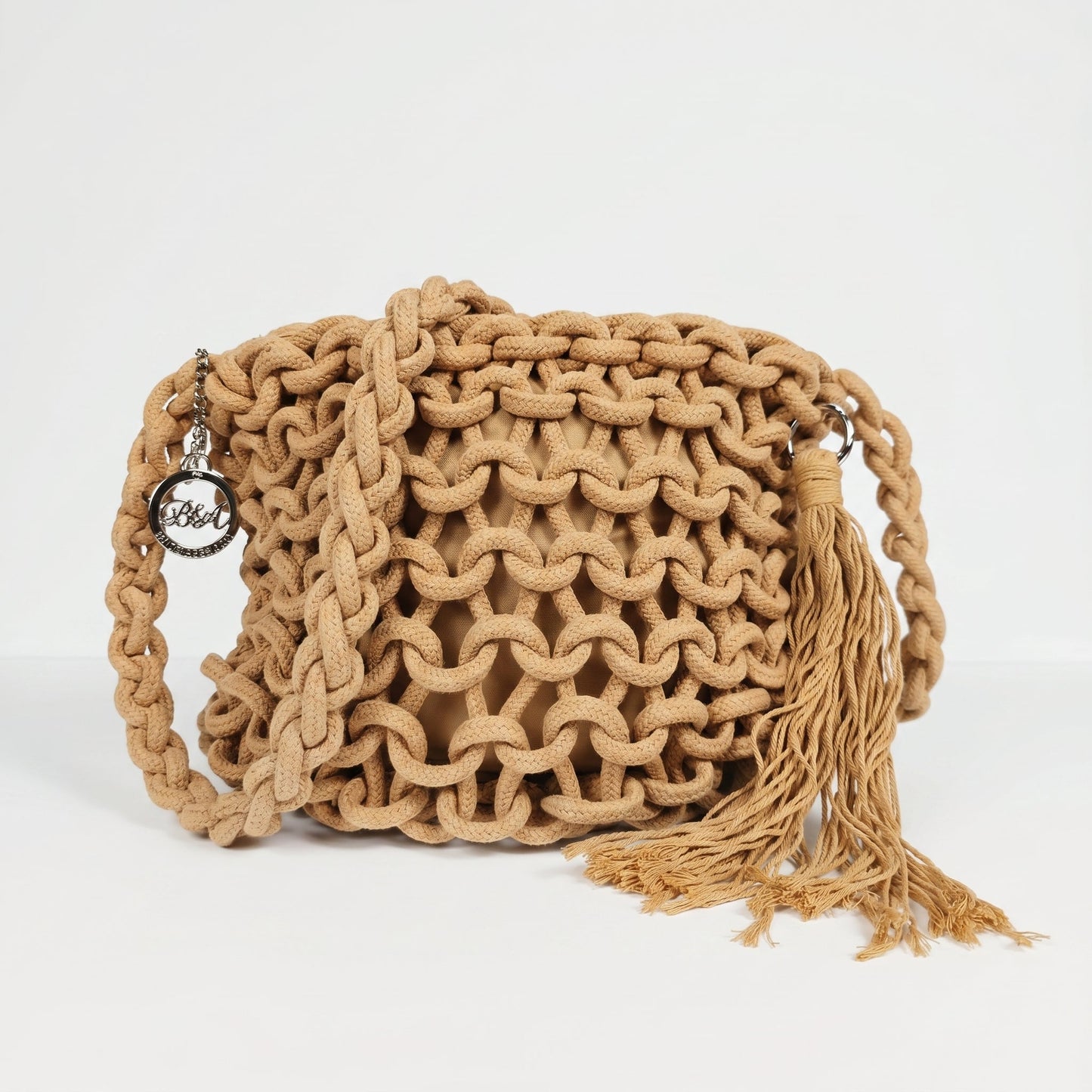 Baci & Abbracci Borsa a Spalla Grande in Corda di Cotone Intrecciata con Nappina