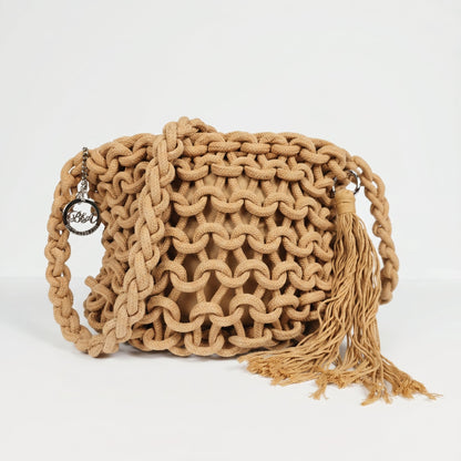 Baci & Abbracci Borsa a Spalla Grande in Corda di Cotone Intrecciata con Nappina