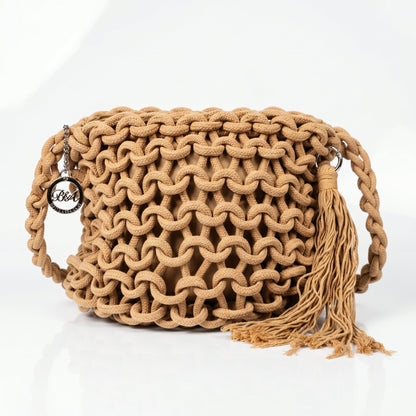 Baci & Abbracci Borsa a Spalla Grande in Corda di Cotone Intrecciata con Nappina