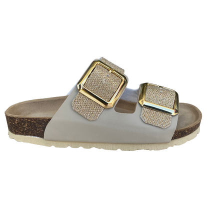 Biochic sandalo da donna con 2 fasce regolabili glitterate e plantare in pelle BC55215Yo oro