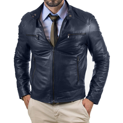 Men's Slim Fit Brown Genuine Leather Biker Jacket Four Pockets Zipper Rindway
