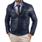 Men's Slim Blue Genuine Leather Biker Jacket Four Pockets Zip Rindway