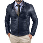 Men's Black Slim Fit Real Leather Biker Jacket with Button Collar Rindway