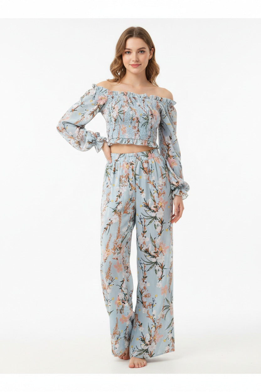 Completo Donna Elegante Estivo in Chiffon con Pantaloni Vita Alta