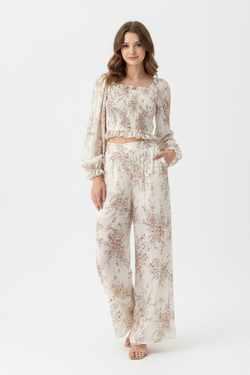 Completo Donna Elegante Estivo in Chiffon con Pantaloni Vita Alta