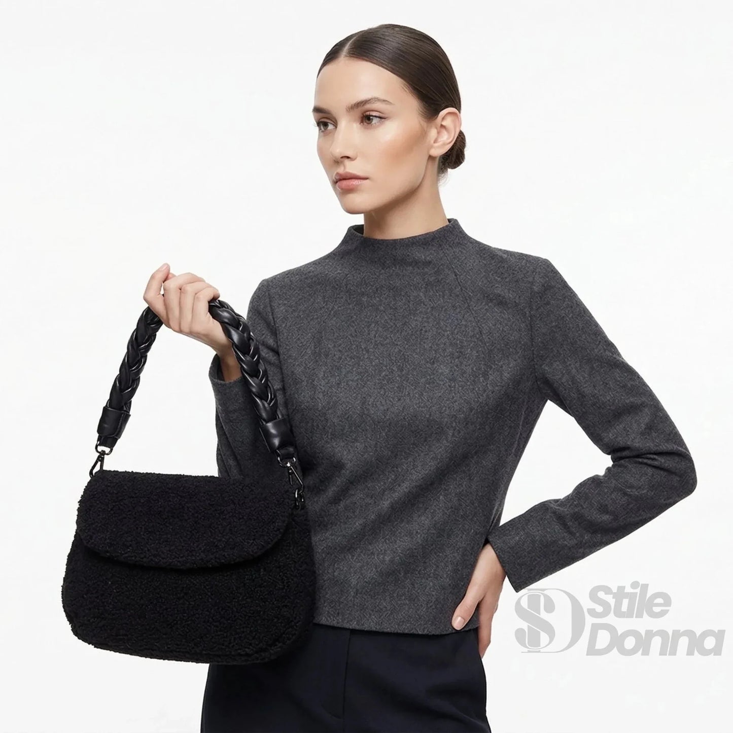 Stile Donna Bags - Borsa Nera con Manico Intrecciato