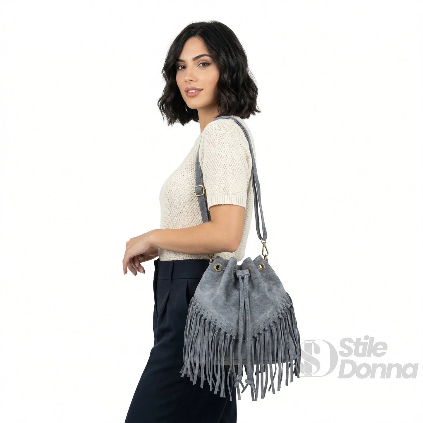Stile Donna Bags - Borsa a Secchiello Scamosciata con Frange