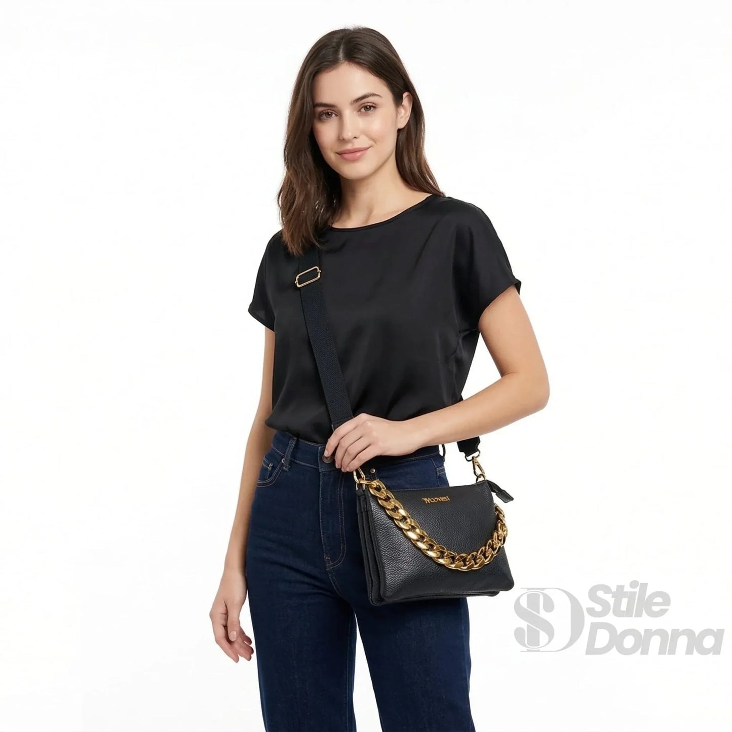 YY Coveri Borsa a Tracolla in Ecopelle con Catena Finitura Color Oro e Chiusura a Cerniera