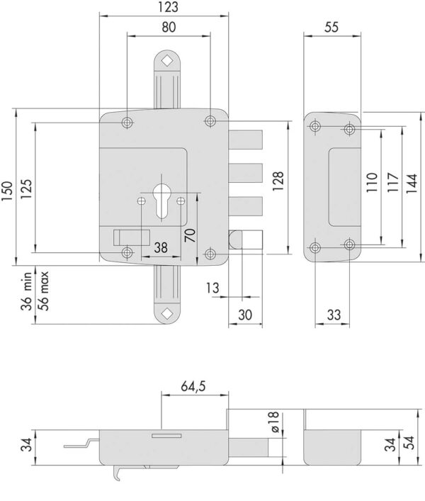 Serratura a Cilindro Triplice '56167' in Bronzo Antico Metallizzato
