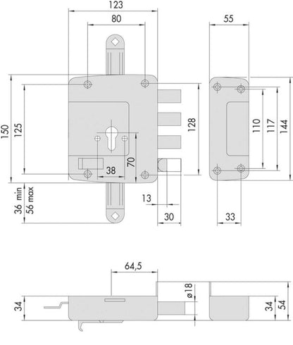 Serratura a Cilindro Triplice '56167' in Bronzo Antico Metallizzato