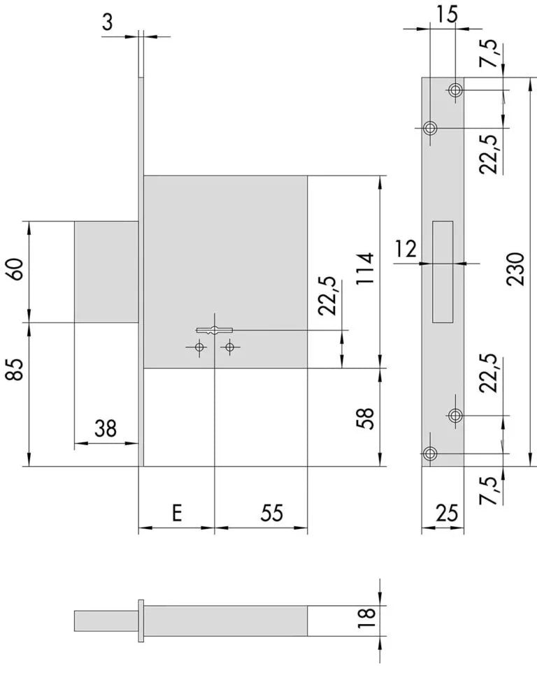 Einsteckschloss mit Doppelbart, 4 Riegeln, Dornmaß 60 mm, Modell '57010' aus satiniertem vernickeltem Stahl