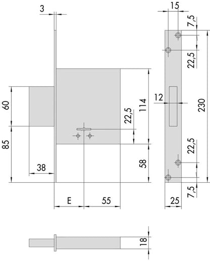Einsteckschloss mit Doppelbart, 4 Riegeln, Dornmaß 60 mm, Modell '57010' aus satiniertem vernickeltem Stahl