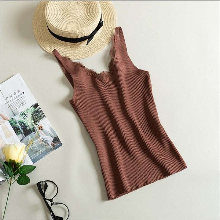 top donna in pizzo con scollo a V