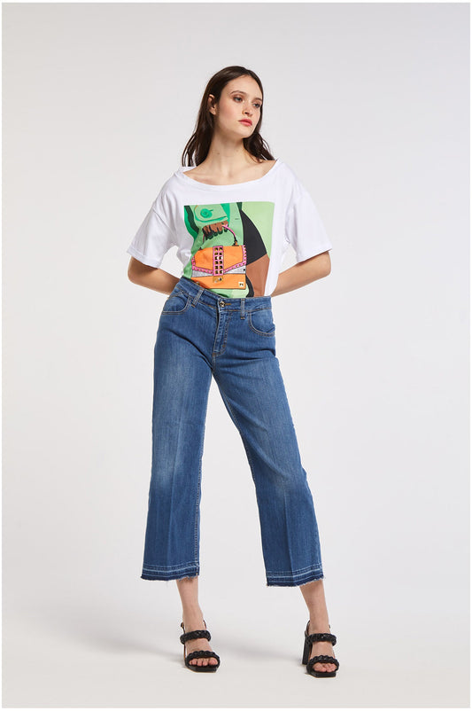 CafèNoir Pantalone Jeans da doonna Coulotte con orlo sfrangiato C7JJ0065 B048 blu medio