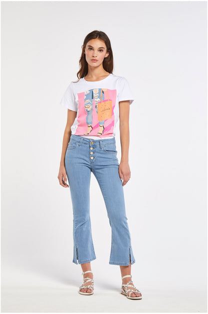CafèNoir Pantalone Jeans Cropped Flare con bottoni a vista C7JJ0077 B049 sky