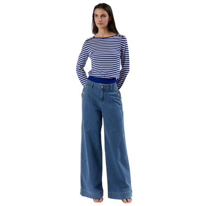 CafèNoir Maglia girocollo a righe da donna con bottoni alle spalle C7JM0191 N061 bianco bluette