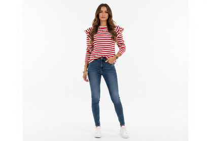 Maglietta Donna a Righe con Volant Elegante Manica Lunga
