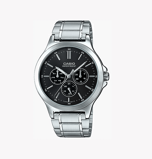 Casio MTP-V300D-1A – Orologio da Uomo in Acciaio, Display Giorno/24h, Quadrante Nero
