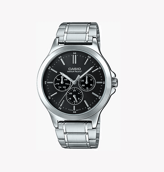Casio MTP-V300D-1A – Orologio da Uomo in Acciaio, Display Giorno/24h, Quadrante Nero