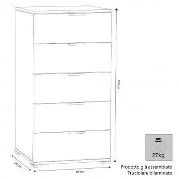 Cassettiera 5 Cassetti Bianca - Dimensioni: cm 60 x 38 x 103 h