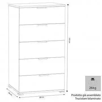 Cassettiera 5 Cassetti Naturale - Dimensioni: cm 60 x 38 x 103 h