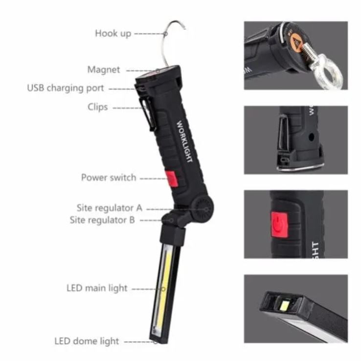 LED-Arbeitsleuchte Taschenlampe Haken Magnet Tragbar Wiederaufladbar Werkstatt Angeln