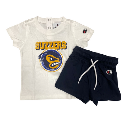 Champion completo sportivo da bambino con maglietta girocollo con stampa e pantaloncino 307013 WW001 bianco-blu