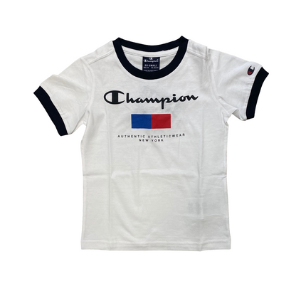 Champion completino da ragazzo in cotone maglietta e pantaloncino 306699 WW001 bianco blu