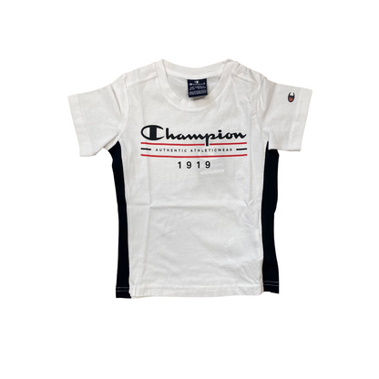 Champion completino da ragazzo maglietta e pantaloncino 306700 WW001 bianco blu