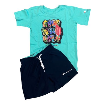 Champion completo da ragazzo maglietta manica corta e pantaloncino Boxer mare 306792 BS049 verde smeraldo-blu