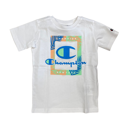 Champion completo da ragazzo maglietta manica corta e pantaloncino Boxer mare 306793 WW001 bianco-celeste