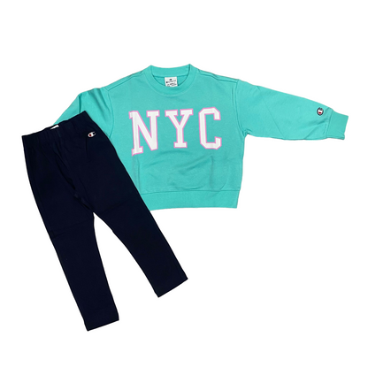 Champion tuta da ragazza con felpa girocollo e pantalone aderente 404993 BS049 verde acqua-blu