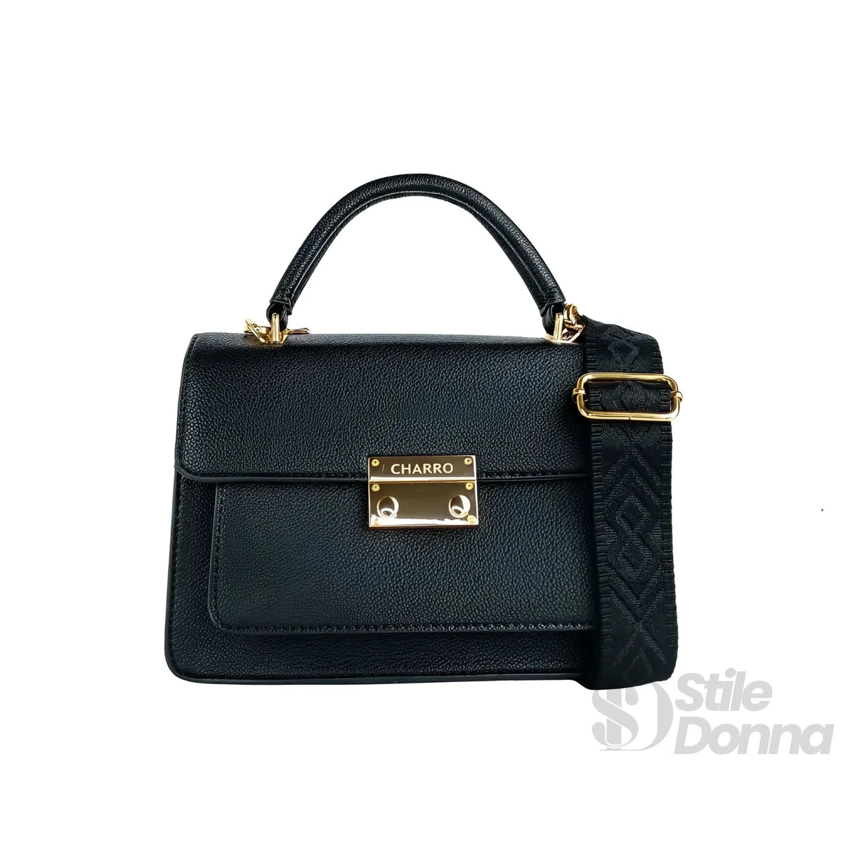 Charro Black Faux Leather Bag with Gold Metal Hardware